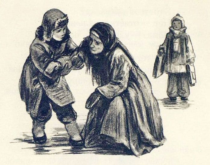 Подержи мои книжки! — крикнул мальчик, передал девочке свою сумку и бросился на помощь старушке.