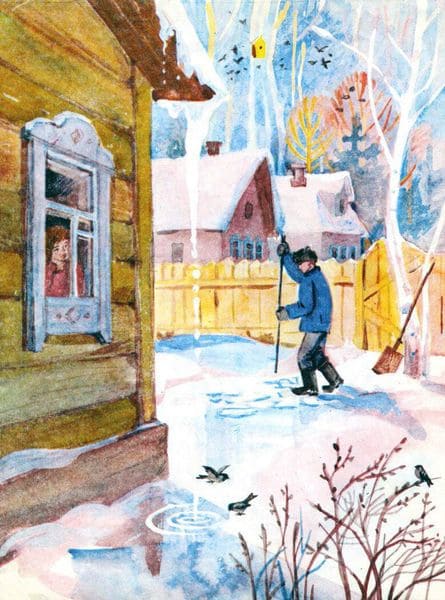 Прогоняет зиму дворник, В лужах маленький наш дворик.