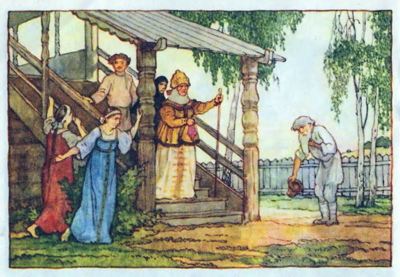 На него прикрикнула старуха, На конюшне служить его послала.